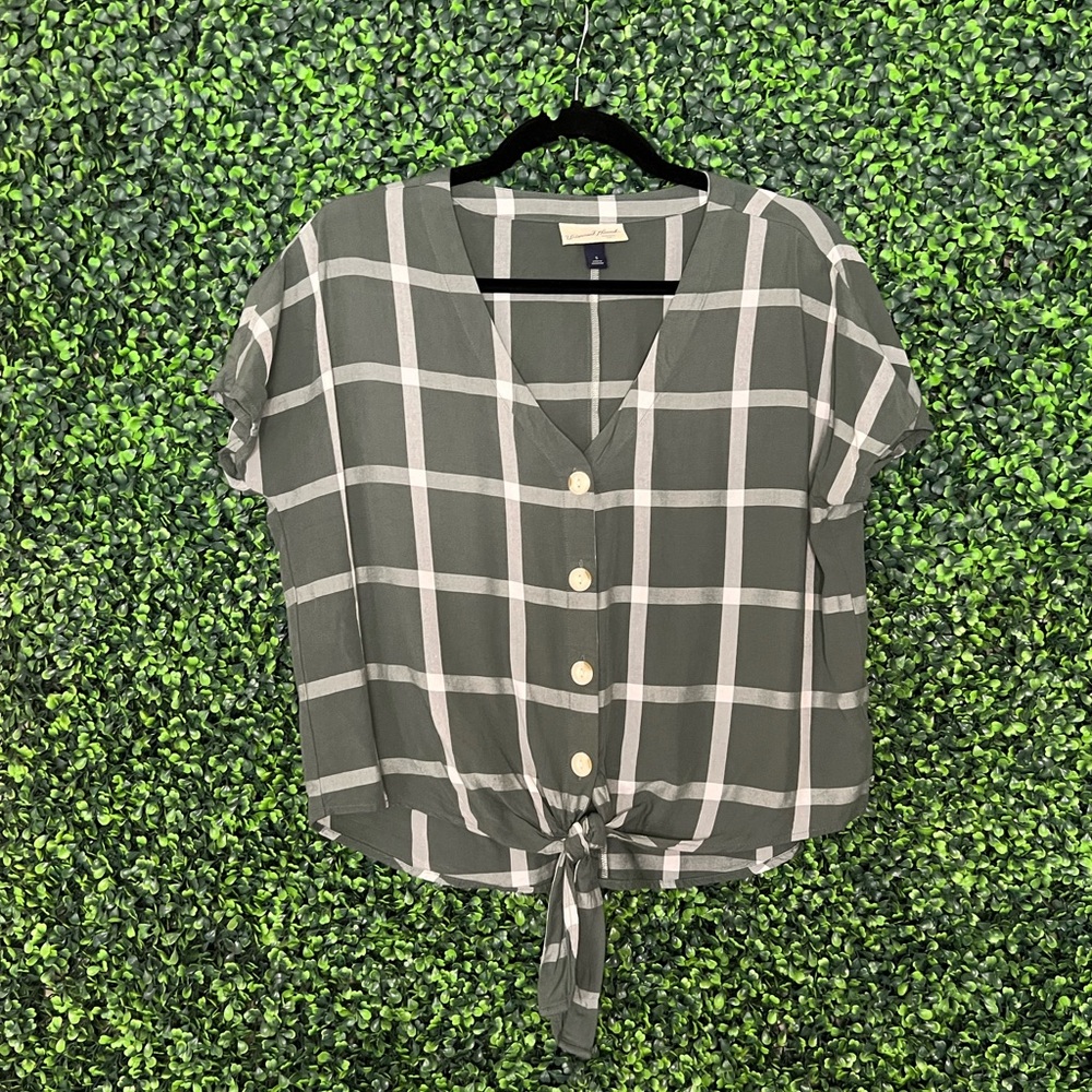 Universal Thread Sage Green Plaid Tie Waist Blouse